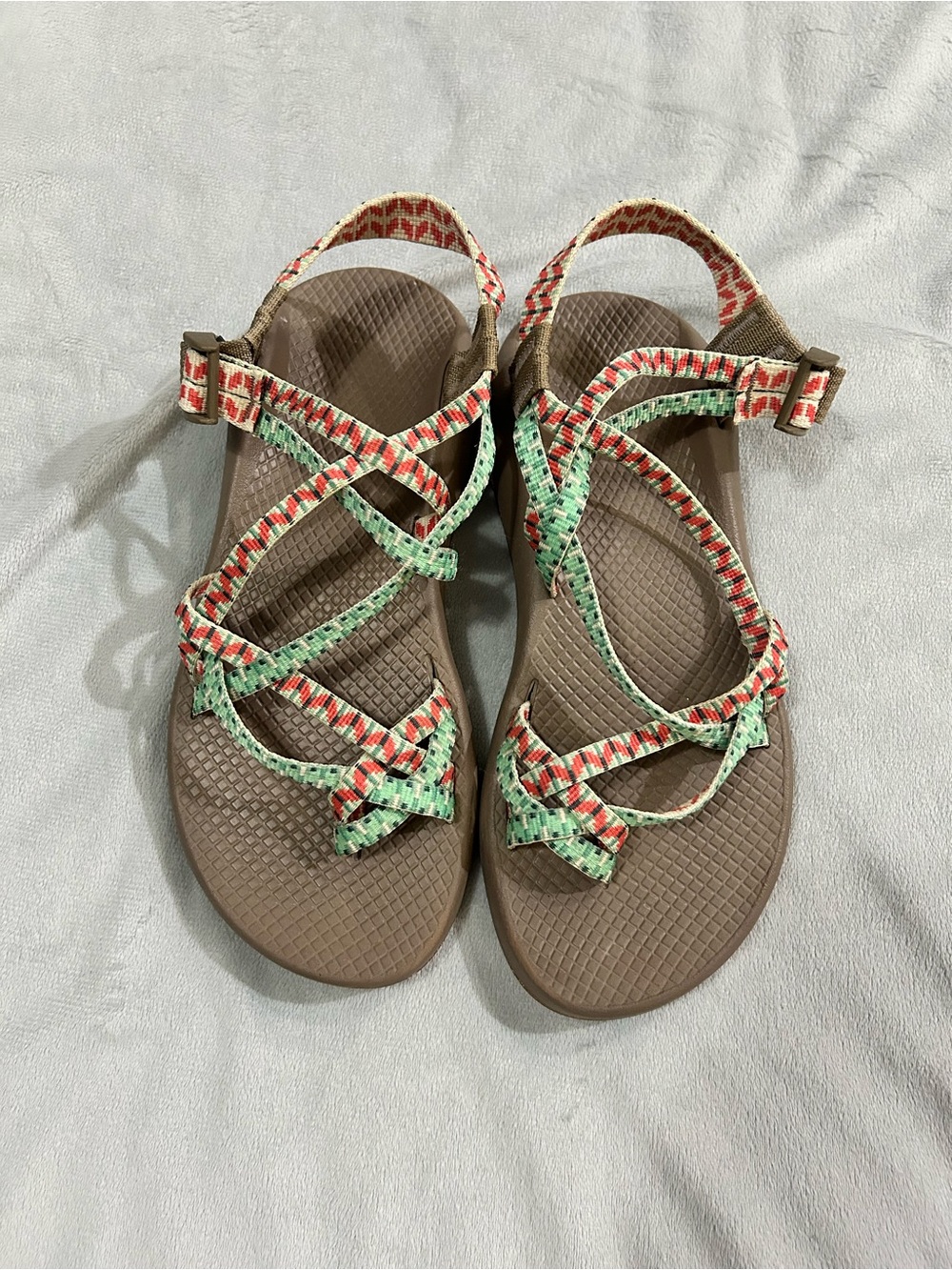 Chaco Women's Dolman Pine Brown Sandals with Coral & Mint Patterned Straps